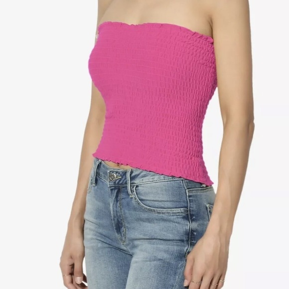 Smocked Tube Top Pink Crop Ruffled Edge Stretch N… - Picture 4 of 6